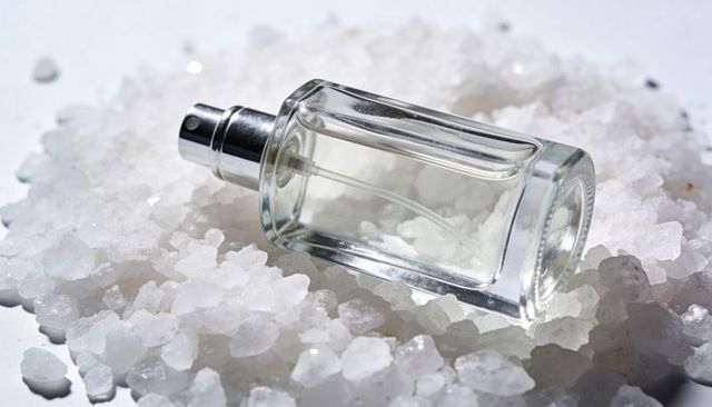 Clear glass spray bottle on sea salt crystals luxury skincare and beauty concept
