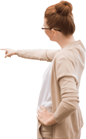 Transparent Teacher in Neutral Attire Pointing Sideways
