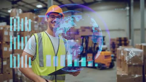 Warehouse Worker with Augmented Reality Tech and Global Data Display