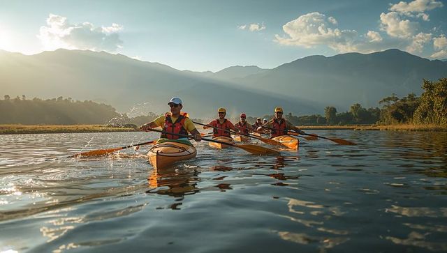 Guided group kayaking paddling at golden hour with mountain reflections and calm water
