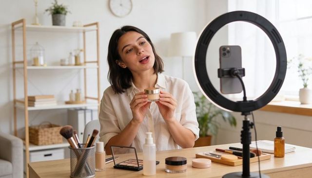 Beauty influencer demonstrating skincare cream in bright home studio with ring light