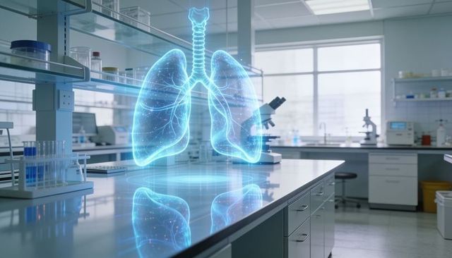 Holographic lungs hovering over laboratory bench for respiratory research and ai diagnostics