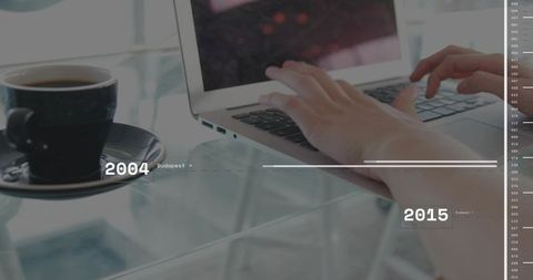 Coffee and Laptop Workflow on Glass Table, Typing Hands in Minimalist Cafe Timeline Overlay