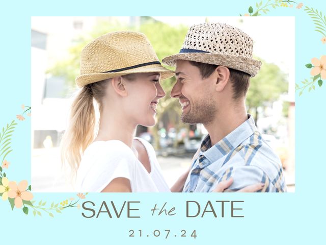 Couple smiling and embracing while wearing stylish hats featured in a 'Save the Date' announcement. Ideal for wedding and engagement invitations, blog posts, social media minders, and celebratory occasion promotions. Background includes floral design and date highlight, making it easy to personalize for various events related to love and commitment.