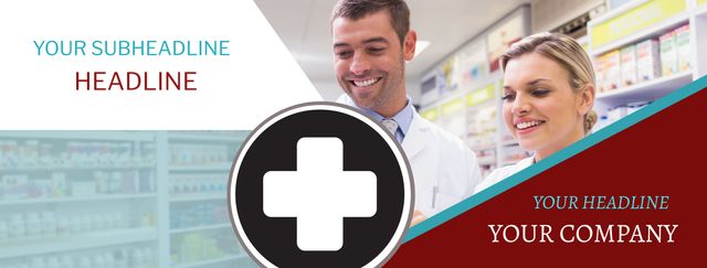 Pharmacy Advertisement Template Featuring Medical Cross and Smiling Pharmacists - Download Free Stock Templates Pikwizard.com