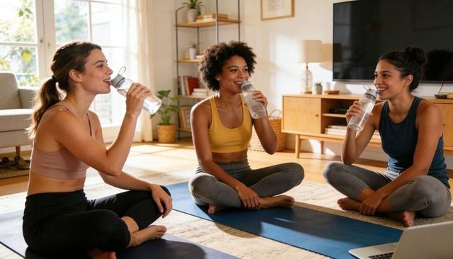 Diverse women sipping water and smiling after home yoga session, hydration lifestyle