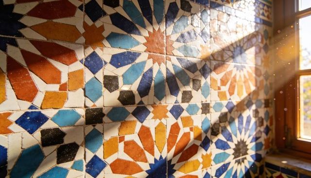 Warm sunlit moroccan mosaic tile wall with geometric starburst pattern and dust particles