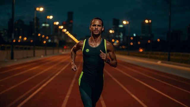 Male Athlete Sprints on Urban Track Under Night Lights