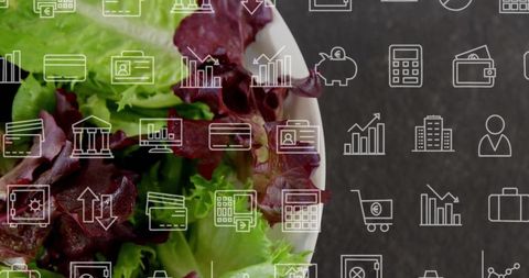 Fresh Lettuce in Bowl with Financial Data Icons Overlay