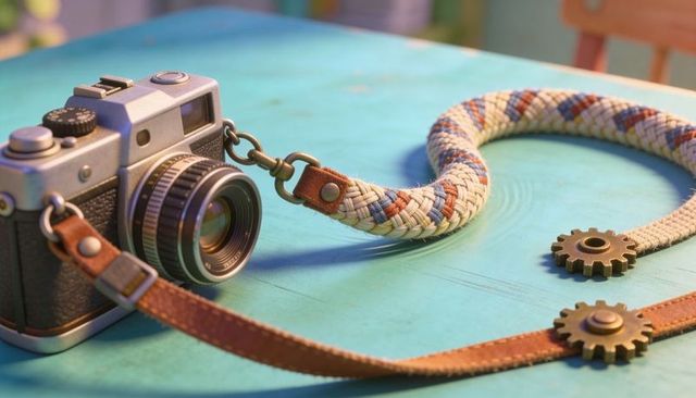 Resting vintage rangefinder camera with braided rope strap and brass cogs on teal table