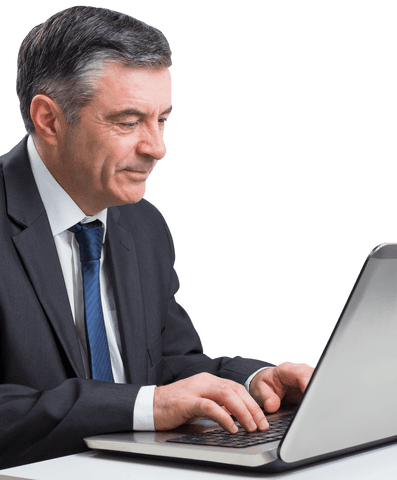 Mature Businessman Typing on Laptop with Transparent Background