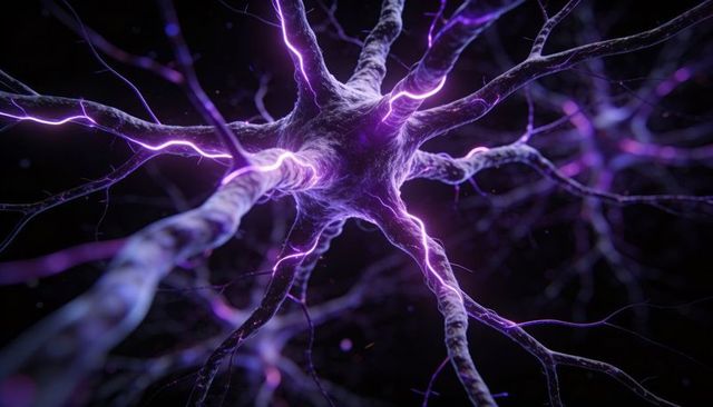 Electric purple neuron network firing across branching dendrites and axon synaptic glow