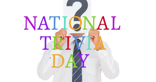 Person holds a question mark sign in front of face, representing National Trivia Day. Ideal for educational materials, event promotions, trivia competitions, social media posts, quizzes, and knowledge dissemination.