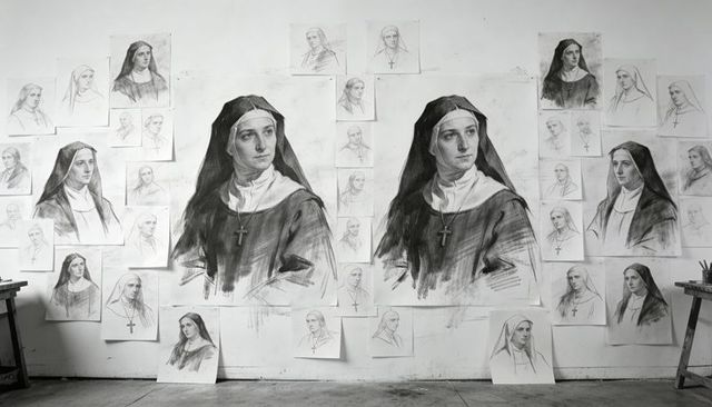 Monochrome nun portrait studies pinned to atelier wall charcoal sketches of habit
