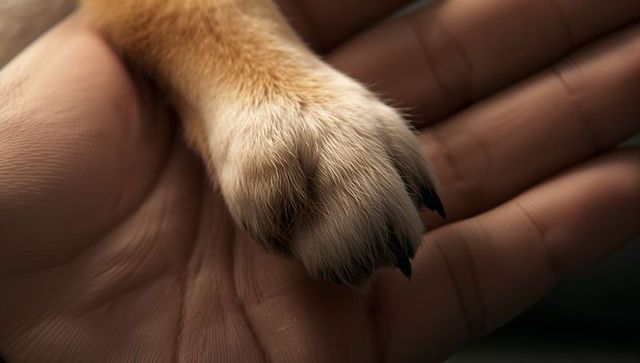 Cradling dog paw in human hand close-up with warm lighting conveying trust and tenderness