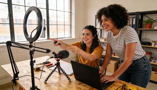 Creative Duo Assembling Streaming Gear in Loft Studio Adjusting Ring Light and Microphone