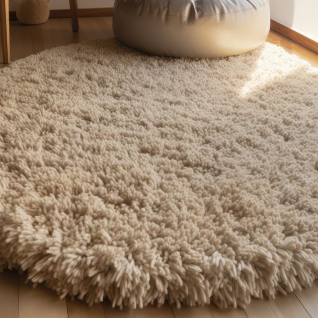 Beige round shaggy rug on wooden floor in sunlit corner of room, creating a warm and cozy atmosphere. Ideal for interior design projects, home decor inspiration, living room setup ideas, or any content related to creating comfortable and inviting spaces.