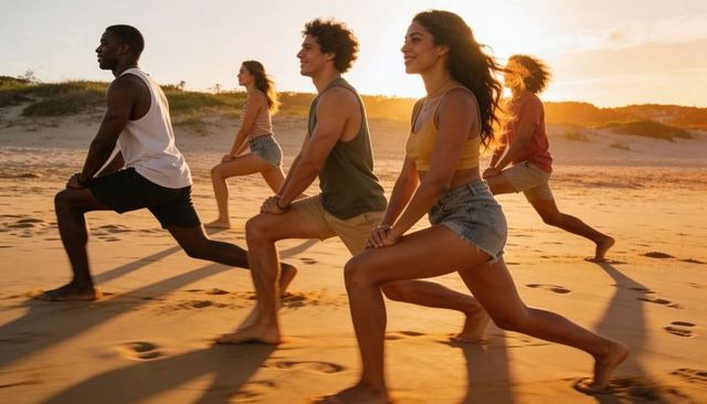 Group doing lunges on sunset beach during golden hour fitness routine