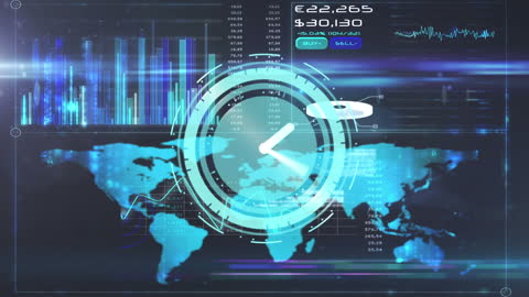 Futuristic Digital Clock Interface Over World Map