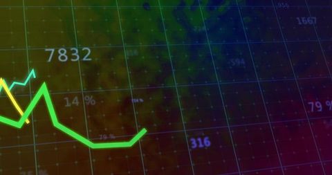 Neon green trend line rising on futuristic data dashboard grid with world map overlay