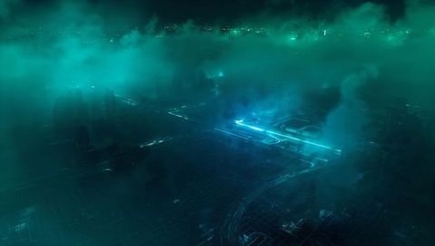 Neon cyan cyberpunk aerial of futuristic city hub with elevated lightways and foggy grid