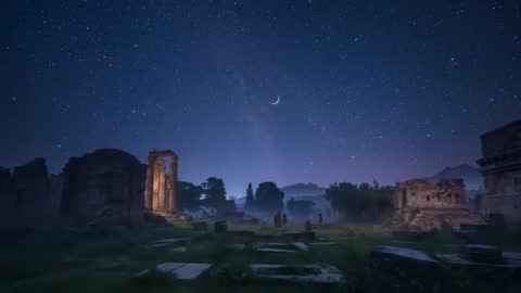 Zooming through starlit ancient ruins toward illuminated stone arch under crescent moon