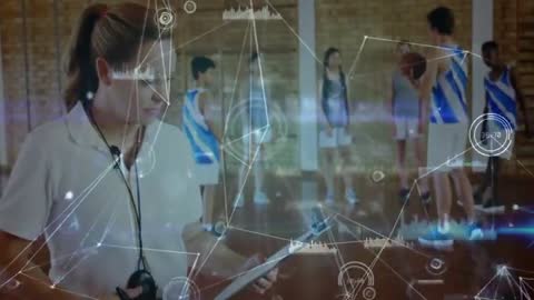 Coach Evaluating Basketball Team with Digital Analytics Overlay