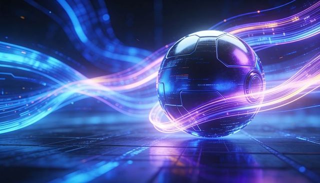 Neon tech orb hovering on cyber grid tracing luminous data streams and digital energy