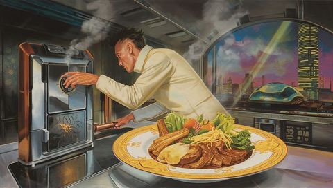 Futuristic chef operating high-tech galley oven while plating gourmet meal in stainless kitchen