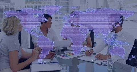 Executives Collaborating Around Holographic World Map Overlay in Modern Boardroom
