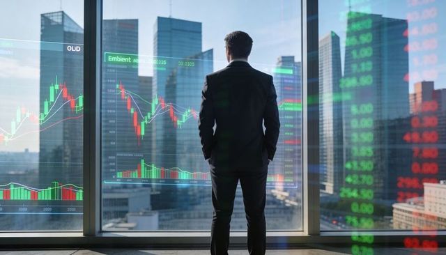 Businessman studying stock market candlestick charts reflected on floor-to-ceiling glass with city s