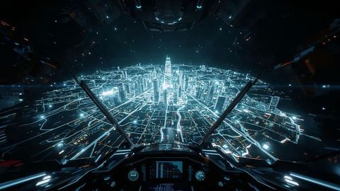 Futuristic Holographic Cityscape View from Spaceship Cockpit