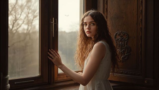 Young woman in vintage white dress standing by antique wood window with carved panel