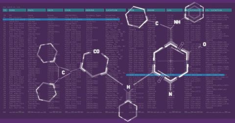 Futuristic Digital Interface with Chemical Structures on Purple Background