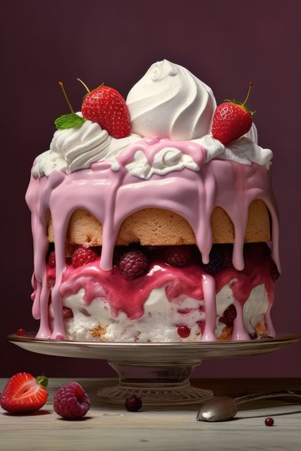 Ice cream cake with pink icing, cream, strawberries on top, created using generative ai technology. Cake, celebration, treat, sweet food and deserts concept digitally generated image.
