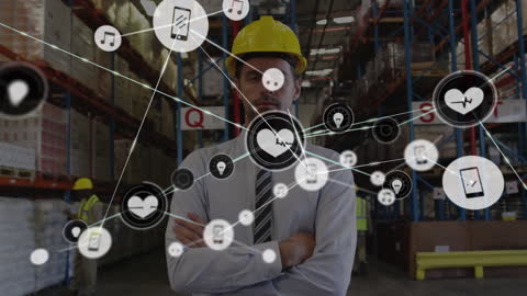 Warehouse Manager with Digital Network Icons Overlay