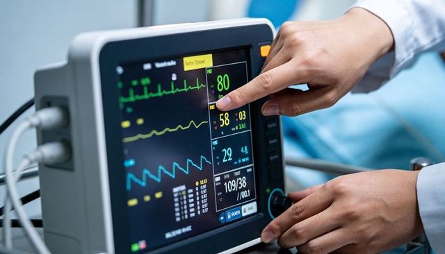 Clinician adjusting bedside cardiac monitor showing heart rate blood pressure and waveforms