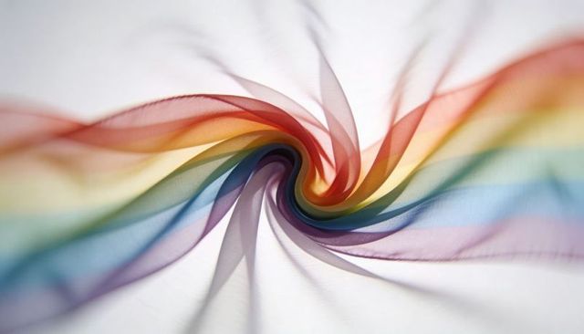 Translucent rainbow chiffon swirl creating soft vortex on white backdrop with airy light