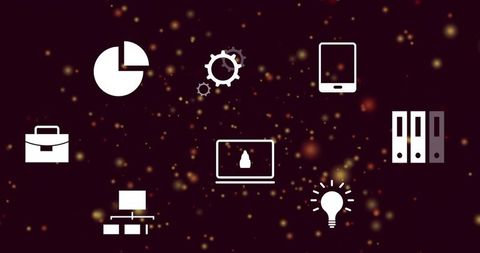 Floating Business Tech Icons on Dark Bokeh Background Showing Analytics and Innovation