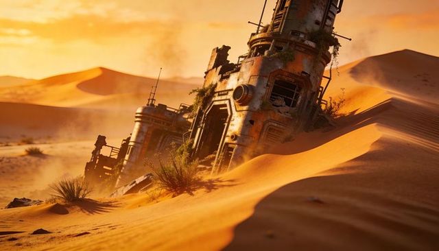 Leaning rusted spacecraft tower sinking into golden sand dunes at sunset