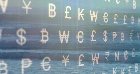 Translucent currency symbols over ocean waves blending global finance with nature metaphor