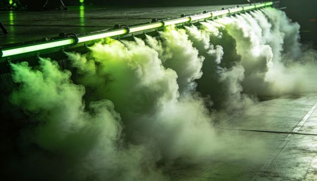 Billowing green fog rising from stage vents with led strip lighting