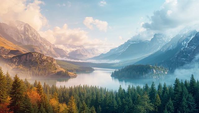 Serene alpine lake with rocky peaks and pine forest in morning mist