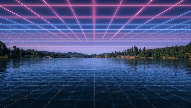 Twilight synthwave neon grid reflecting on calm lake with tree-lined shore