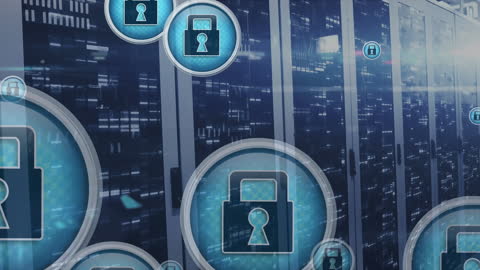 Cybersecurity Icons Overlaying Data Center Servers