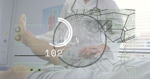 Clinician examining patient foot with futuristic medical hud overlay at bedside