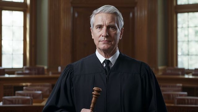 Solemn senior judge holding gavel in wood-panelled courtroom conveying authority