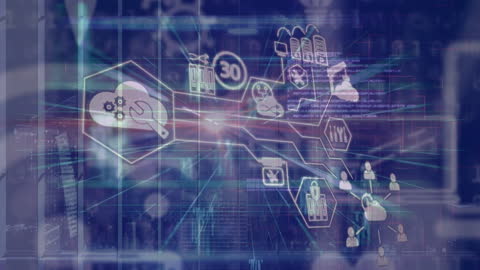 Futuristic Technology Icons with Digital Data in Blue Space