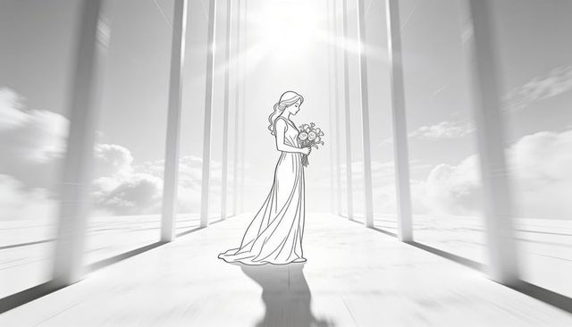 Minimalist monochrome bride standing holding bouquet on sunlit columned platform, lineart