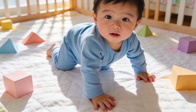 Sunlit baby crawling in blue onesie on quilted nursery pad with pastel blocks smiling